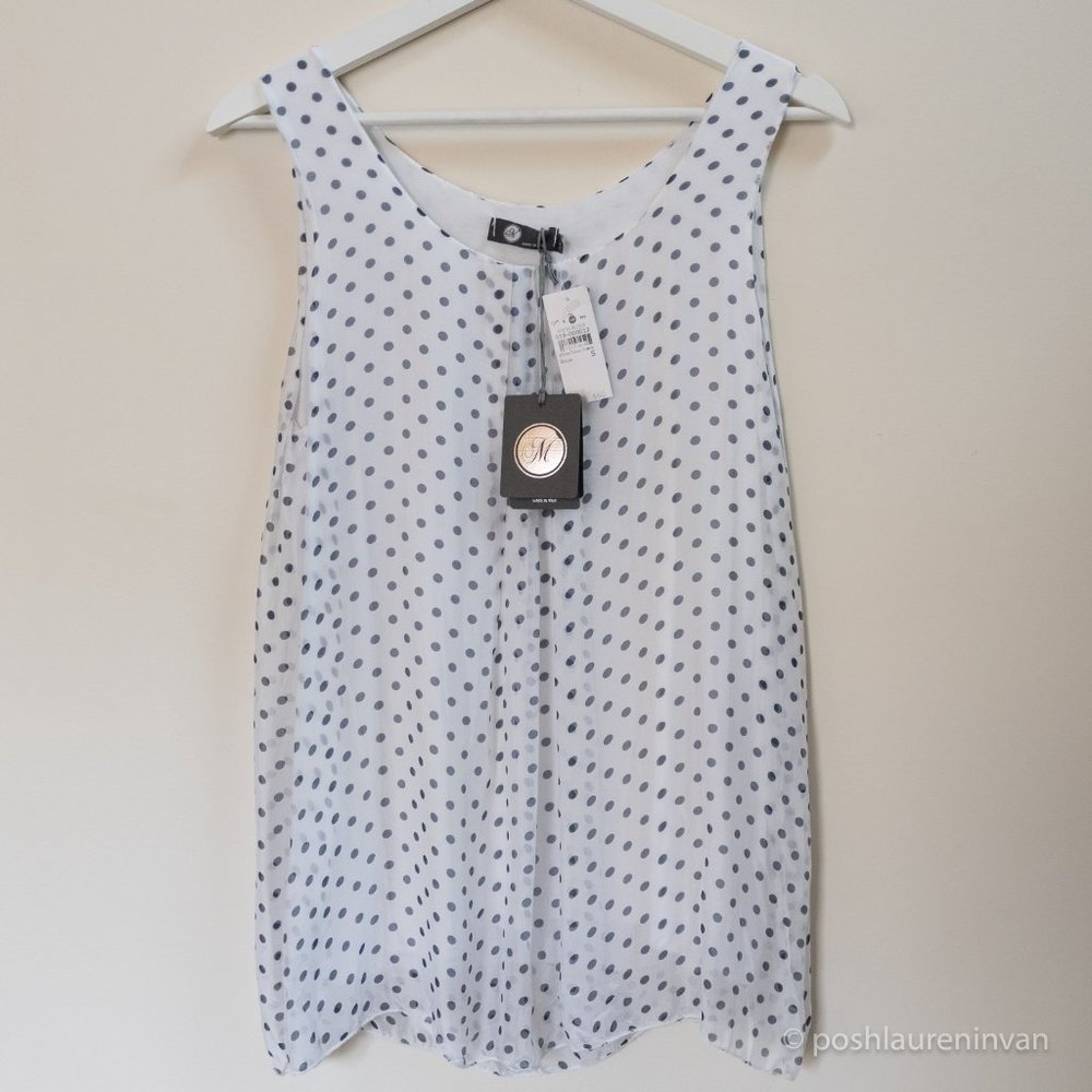 Silk Blend Polka Dot Blouse S Small Navy Blue White NWT Sleeveless Office
